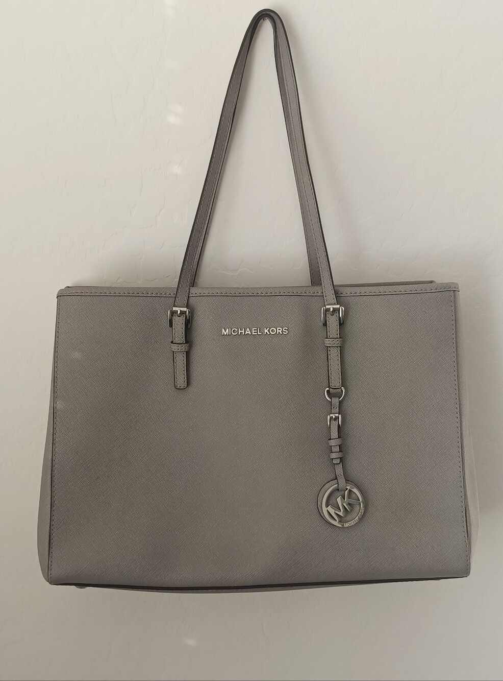 MICHAEL KORS Gray Saffiano Leather Tote with Logo Charm